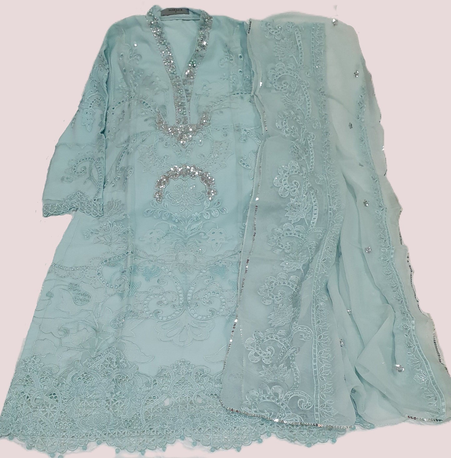 Maria B Inspired Aqua Embroidered Chiffon Suit – Stitched 3pc-RW3-121