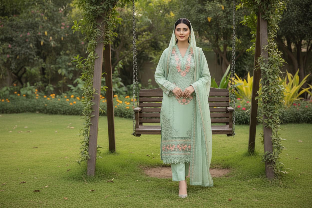 Maria B Inspired Embroidered Green Khadi Net Stitched 3pc - RW3-34