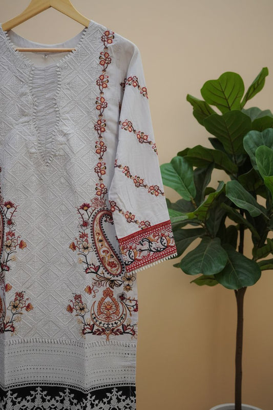 Grey embroidered lawn suit with red thread work - Premium 3pc ensemble