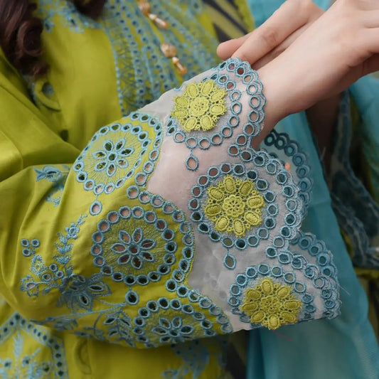 Stitched Embroidered green and blue luxury lawn suit for women