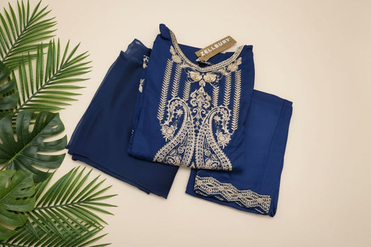 Zellbury embroidered khaddar 3 piece suit detail view - winter collection ethnic fashion