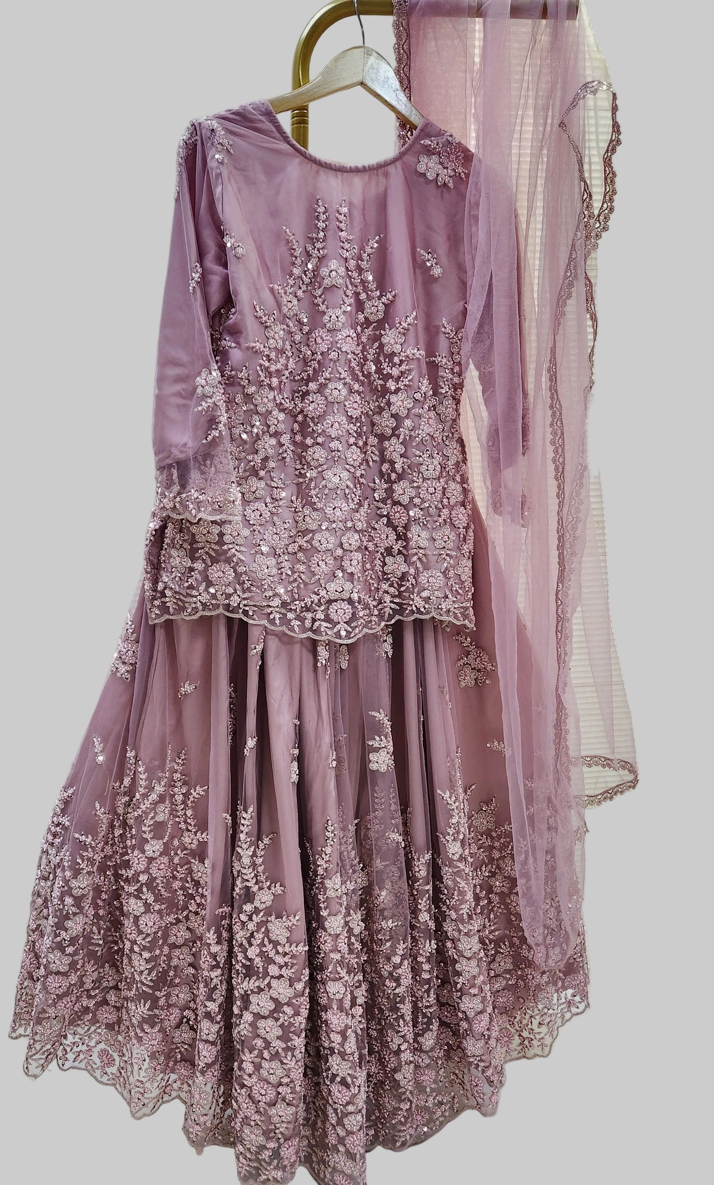 Dusty Pink Embroidered Net Pleated Lehenga -Stitched 3pc- RW3-35