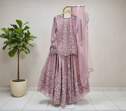 Dusty Pink Embroidered Net Pleated Lehenga -Stitched 3pc- RW3-35