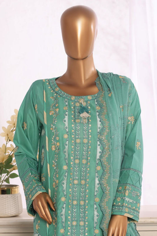 Light green embroidered cotton shirt with trouser and dupatta set