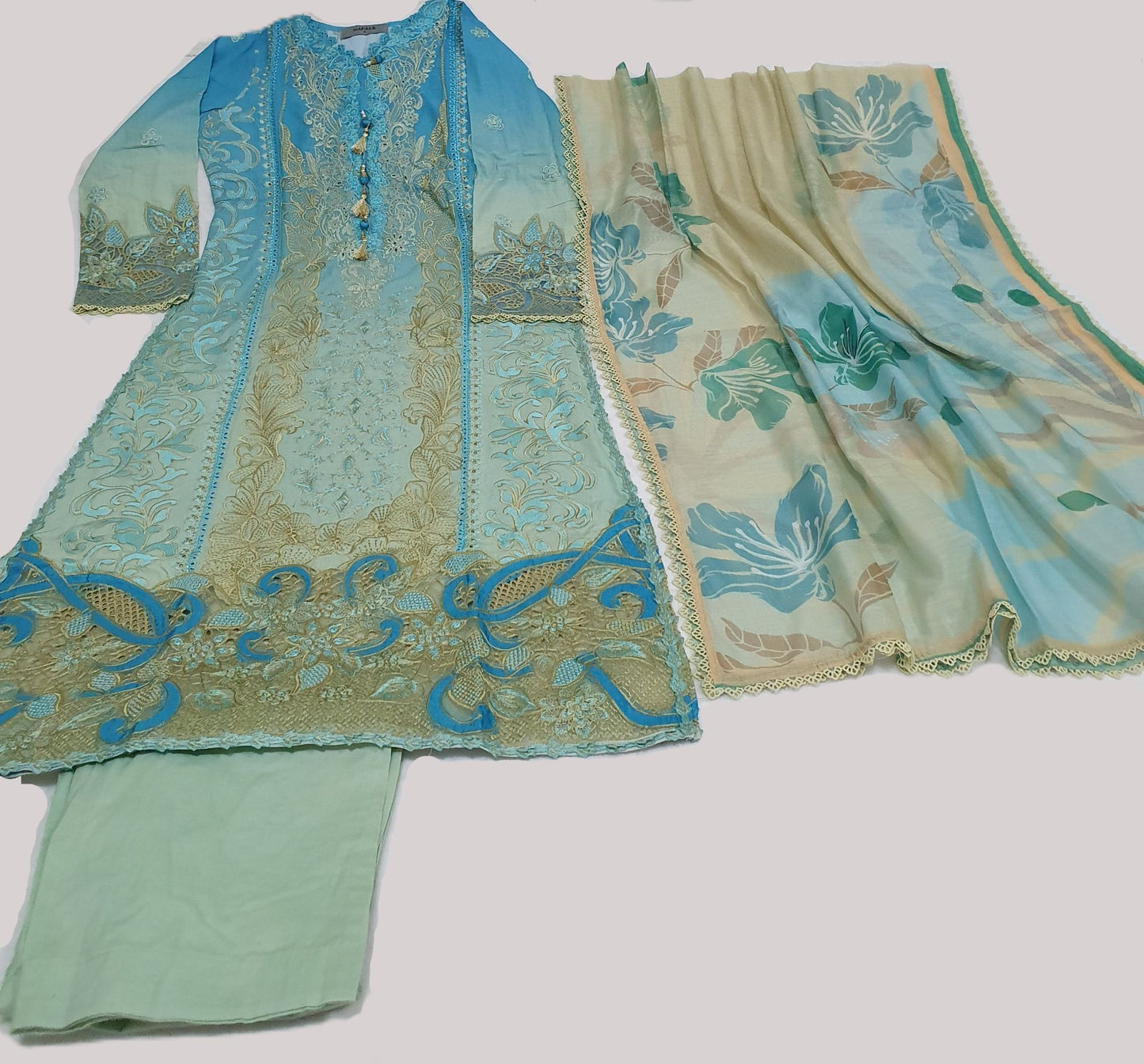 Maria B Inspired Green Embroidered Cotton Lawn Suit – Stitched 3pc-RW3-151