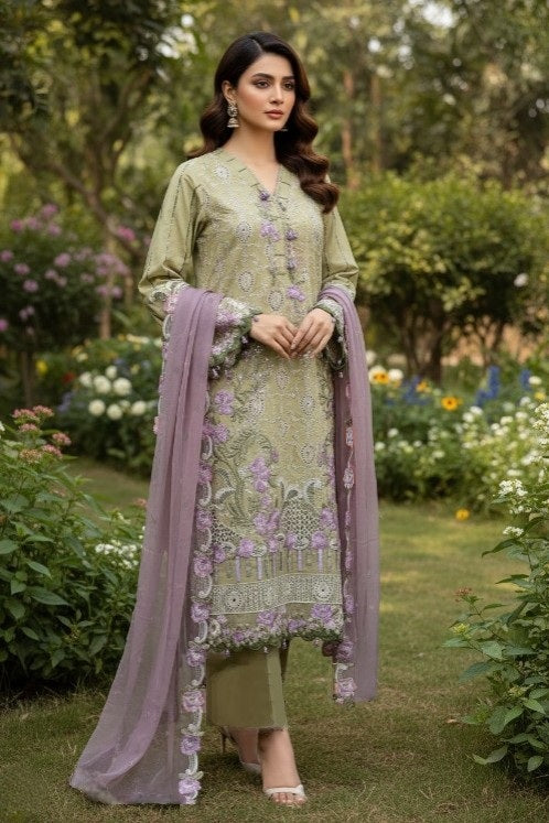 Agha Noor Inspired Green Embroidered Lawn Cotton Suit – Stitched 3pc-RW3-95