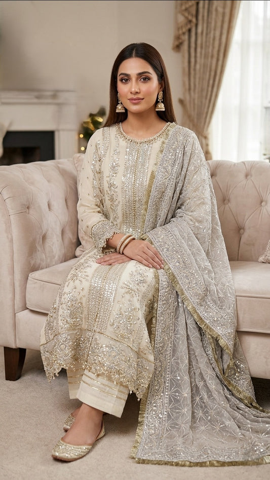 Maria B Inspired Cream Embroidered Chiffon Suit–Stitched 3pc-RW3-77