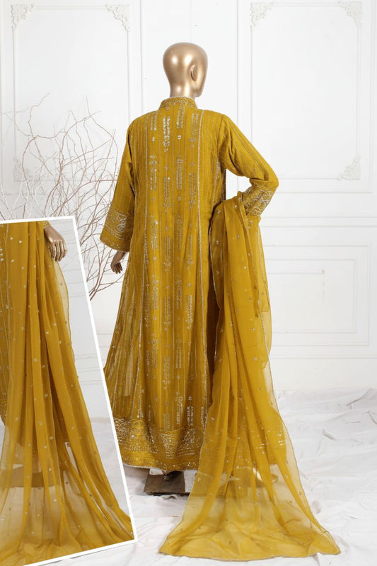 Agha Noor Inspired Mustard Embroidered Chiffon Maxi – Stitched 3pc -RW3-102