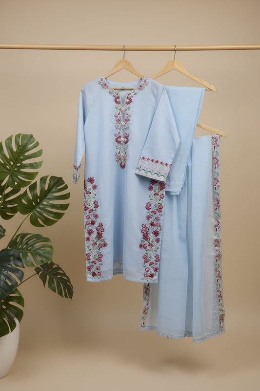 Embroidered Light Blue Net -Stitched 3pc- RW3-37