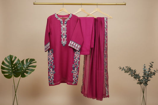 Embroidered Net Pink-Stitched 3pc- RW3-39