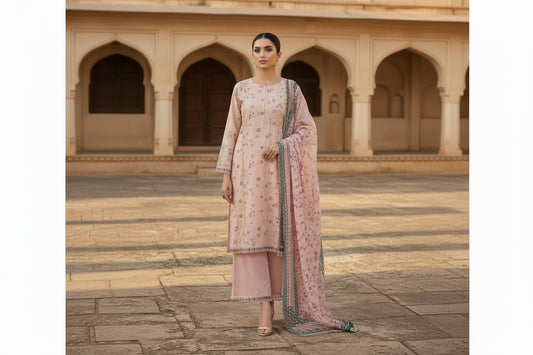 Embroidered lawn 3-piece suit with zari sequence and thread work - front view