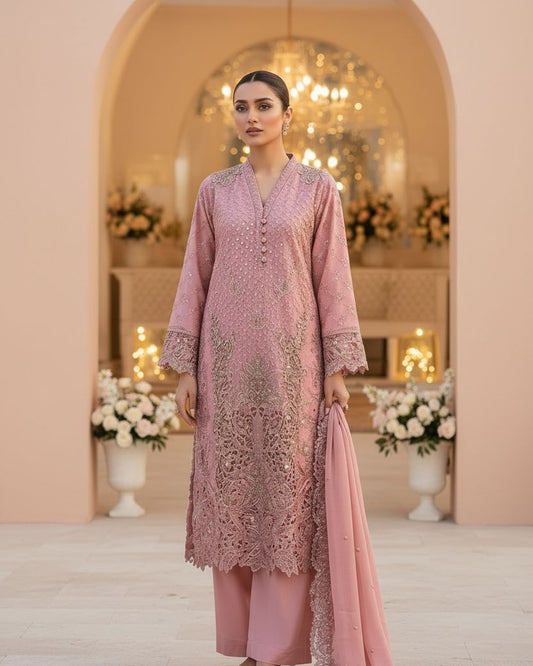 Maria B Inspired Pink Embroidered Chiffon Suit – Stitched 3pc- RW3-82