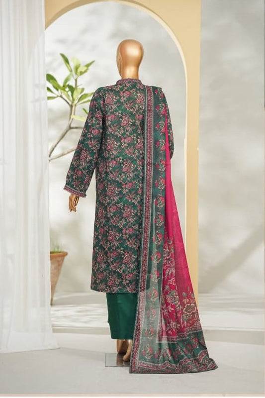 Bin Saeed dark green printed lawn 3pc suit - back view
