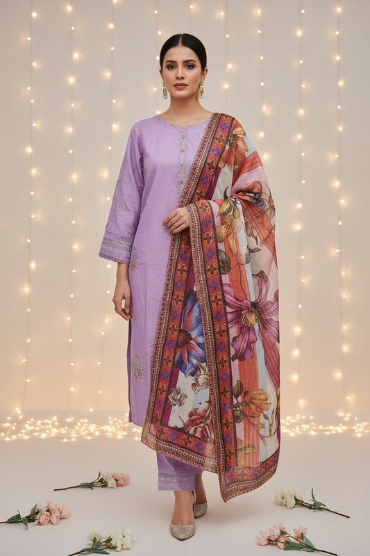 Lawn 3-piece suit with intricate embroidery - Zari and sequence work ensemble