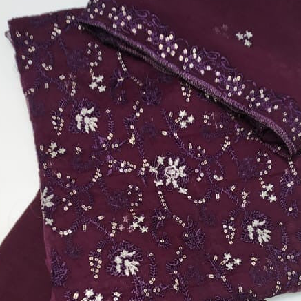 Premium chiffon unstitched 3pc ensemble with traditional embroidery detailing - close-up view