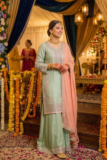 Agha Noor Inspired Green Embroidered Chiffon –Stitched 3pc-RW3-79
