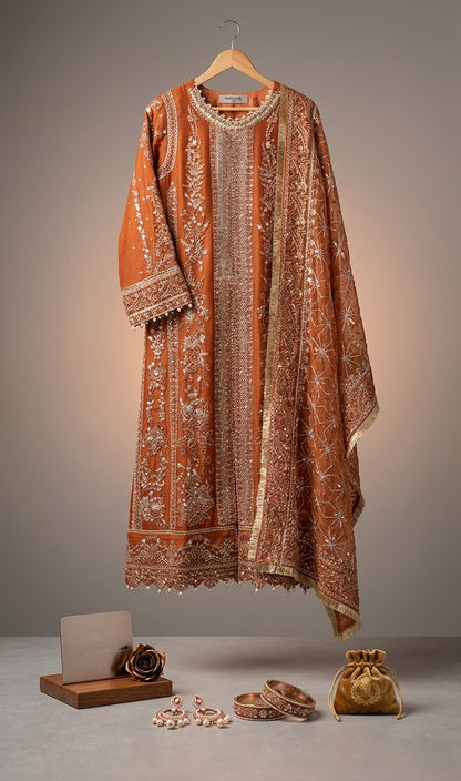 Maria B Inspired Rust Embroidered Chiffon –Stitched 3pc-RW3-75