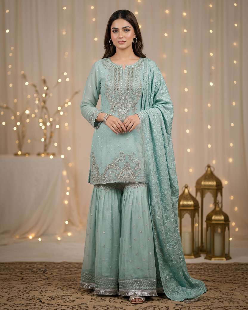 Agha Noor Inspired Aqua Chiffon Gharara Suit – Stitched 3pc-RW3-89