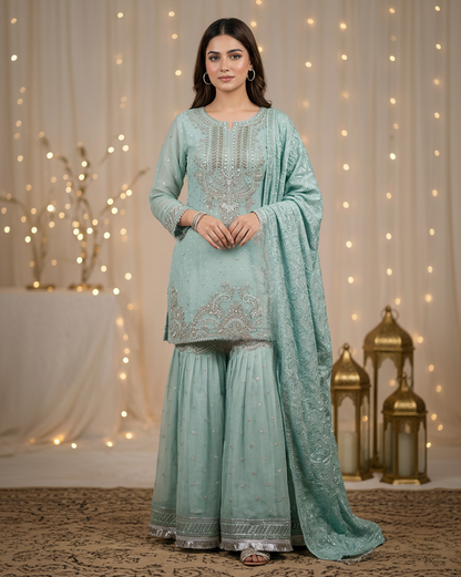 Agha Noor Inspired Aqua Chiffon Gharara Suit – Stitched 3pc-RW3-89