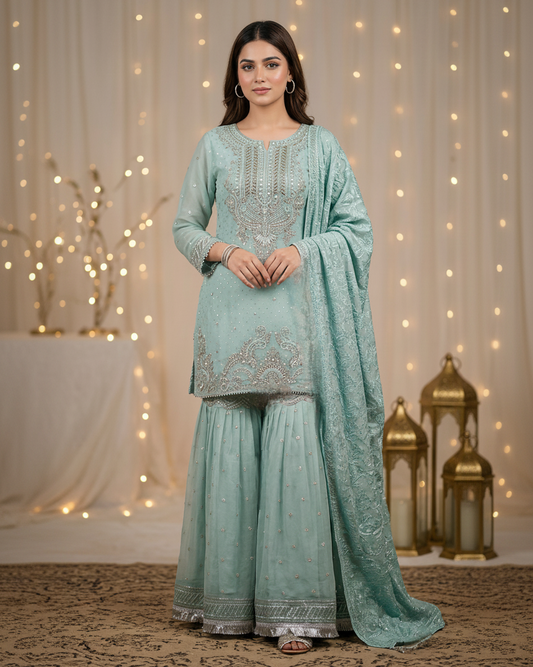 Agha Noor Inspired Aqua Chiffon Gharara Suit – Stitched 3pc-RW3-89