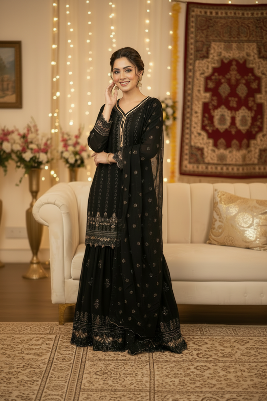 Agha Noor Inspired Black Chiffon Gharara Suit–Stitched 3pc-RW3-87
