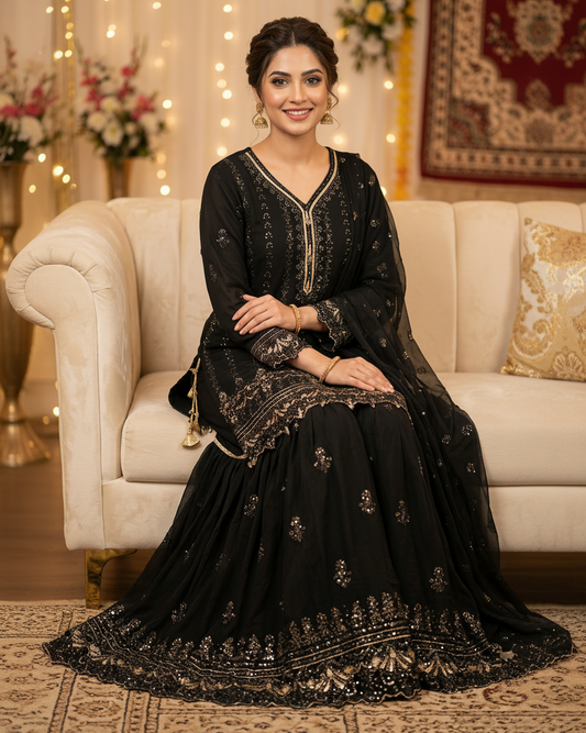 Agha Noor Inspired Black Chiffon Gharara Suit–Stitched 3pc-RW3-87