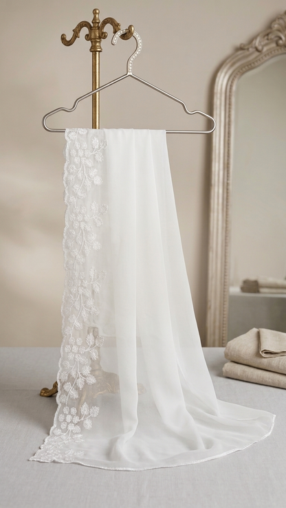 White Embroidered Chiffon Dupatta – D100