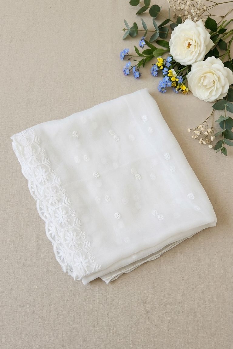 White Embroidered Chiffon Dupatta – D100