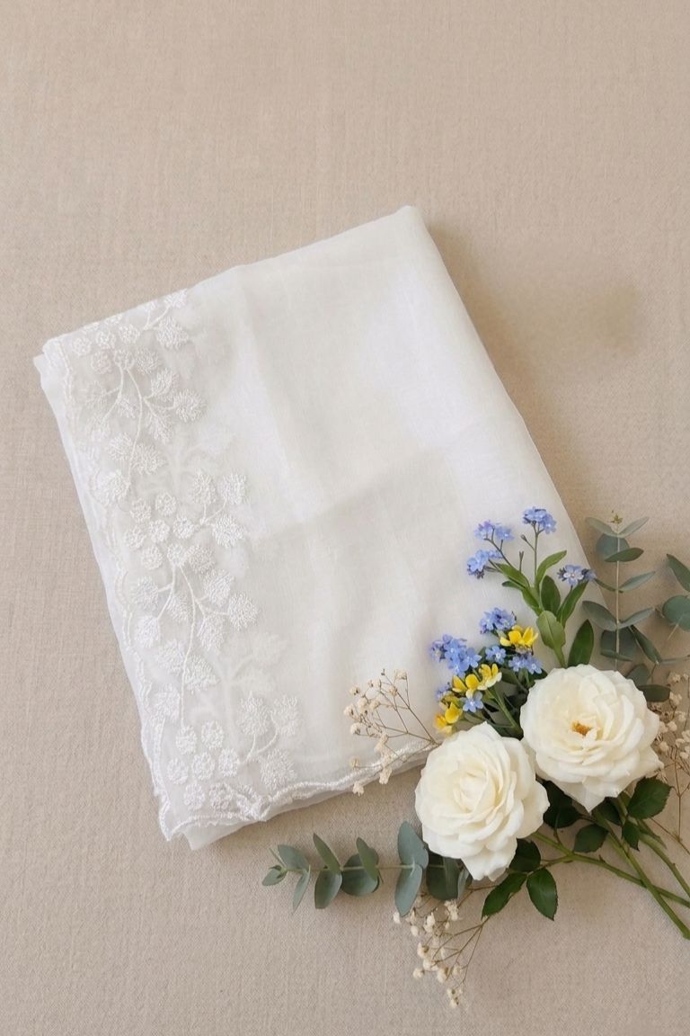 White Embroidered Chiffon Dupatta – D100