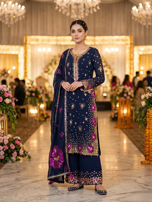 Agha Noor Inspired Navy Muse Work Chiffon Suit – Stitched 3pc-RW3-113