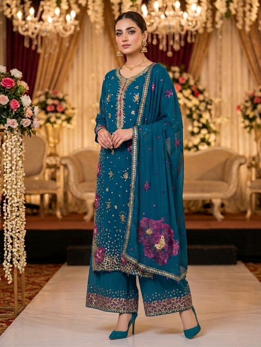 Agha Noor Inspired Teal blue Muse Work Chiffon Suit – Stitched 3pc-RW3-114