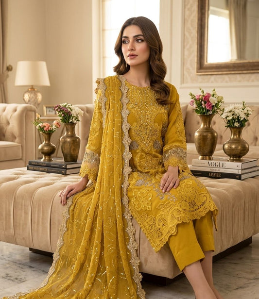Maria B Inspired Mustard Embroidered Chiffon Suit – Stitched 3pc-RW3-119