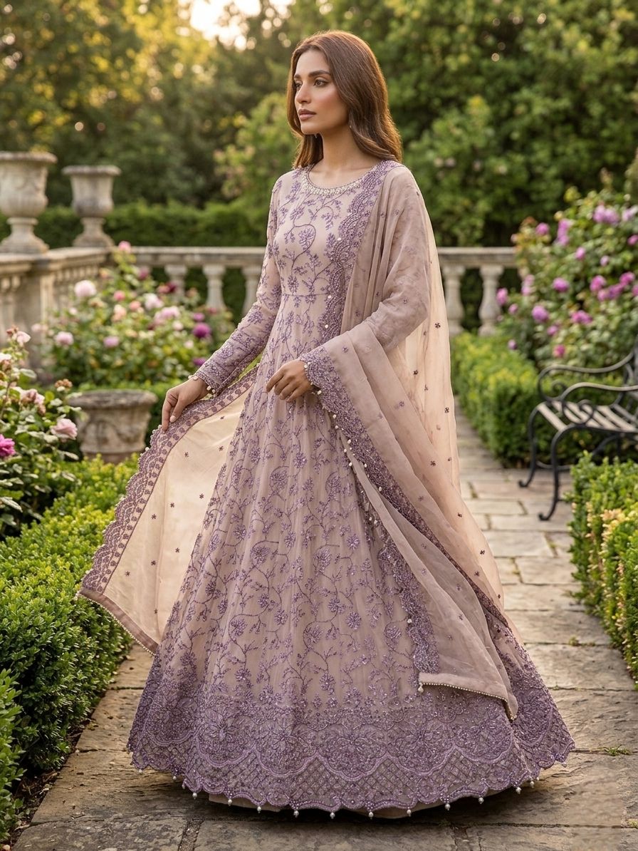 Maria B Inspired  Embroidered Mauve Chiffon Maxi – Stitched-RW3-119