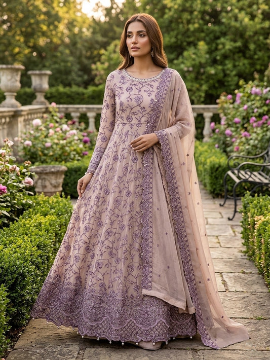 Maria B Inspired  Embroidered Mauve Chiffon Maxi – Stitched-RW3-119