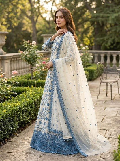 Maria B Inspired Blue & White Embroidered Chiffon Maxi – Stitched-RW3-118