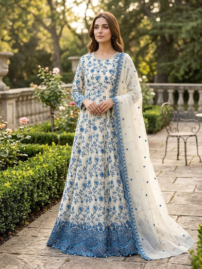 Maria B Inspired Blue & White Embroidered Chiffon Maxi – Stitched-RW3-118