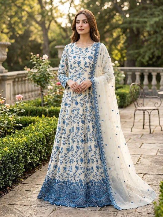 Maria B Inspired Blue & White Embroidered Chiffon Maxi – Stitched-RW3-118