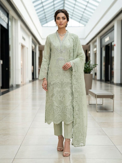 Maria B Inspired Mint Green Embroidered Chiffon Suit – Stitched 3pc-RW3-122 (Copy)