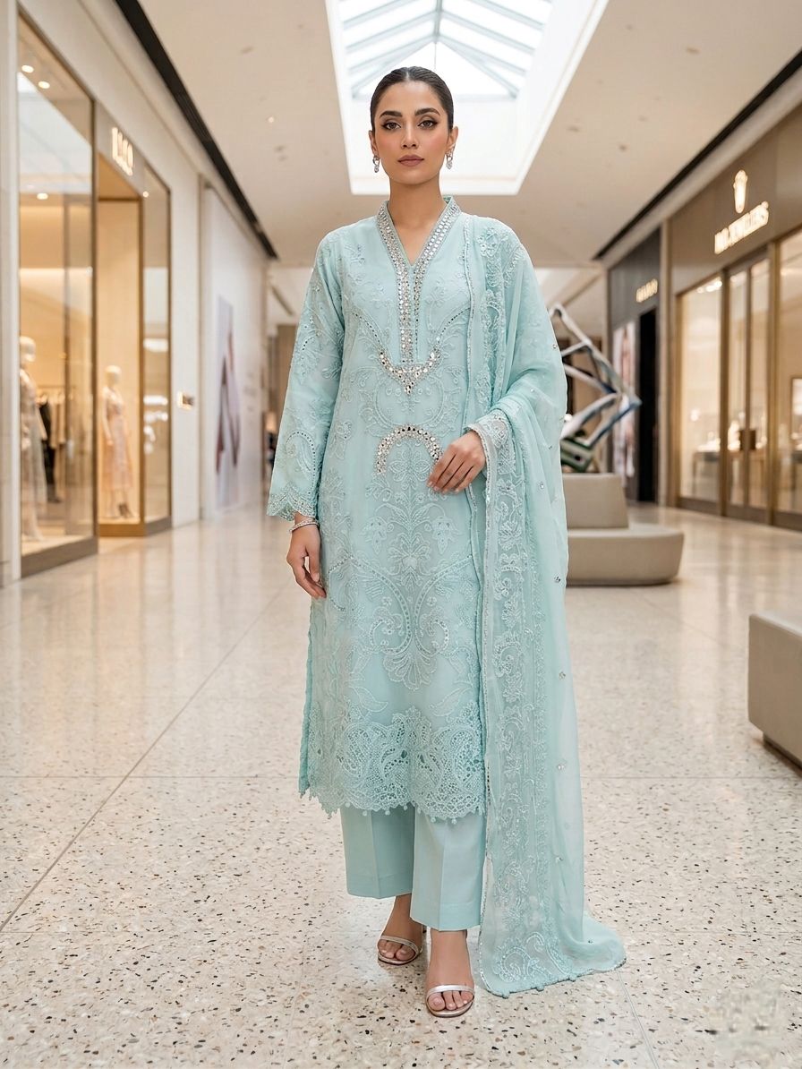 Maria B Inspired Aqua Embroidered Chiffon Suit – Stitched 3pc-RW3-121