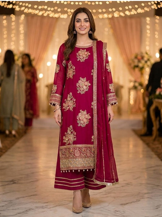 Maria B Inspired Pink Embroidered Chiffon Suit – Stitched 3pc-RW3-126