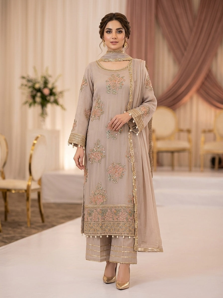 Maria B Inspired Beige Embroidered Chiffon Suit – Stitched 3pc-RW3-124