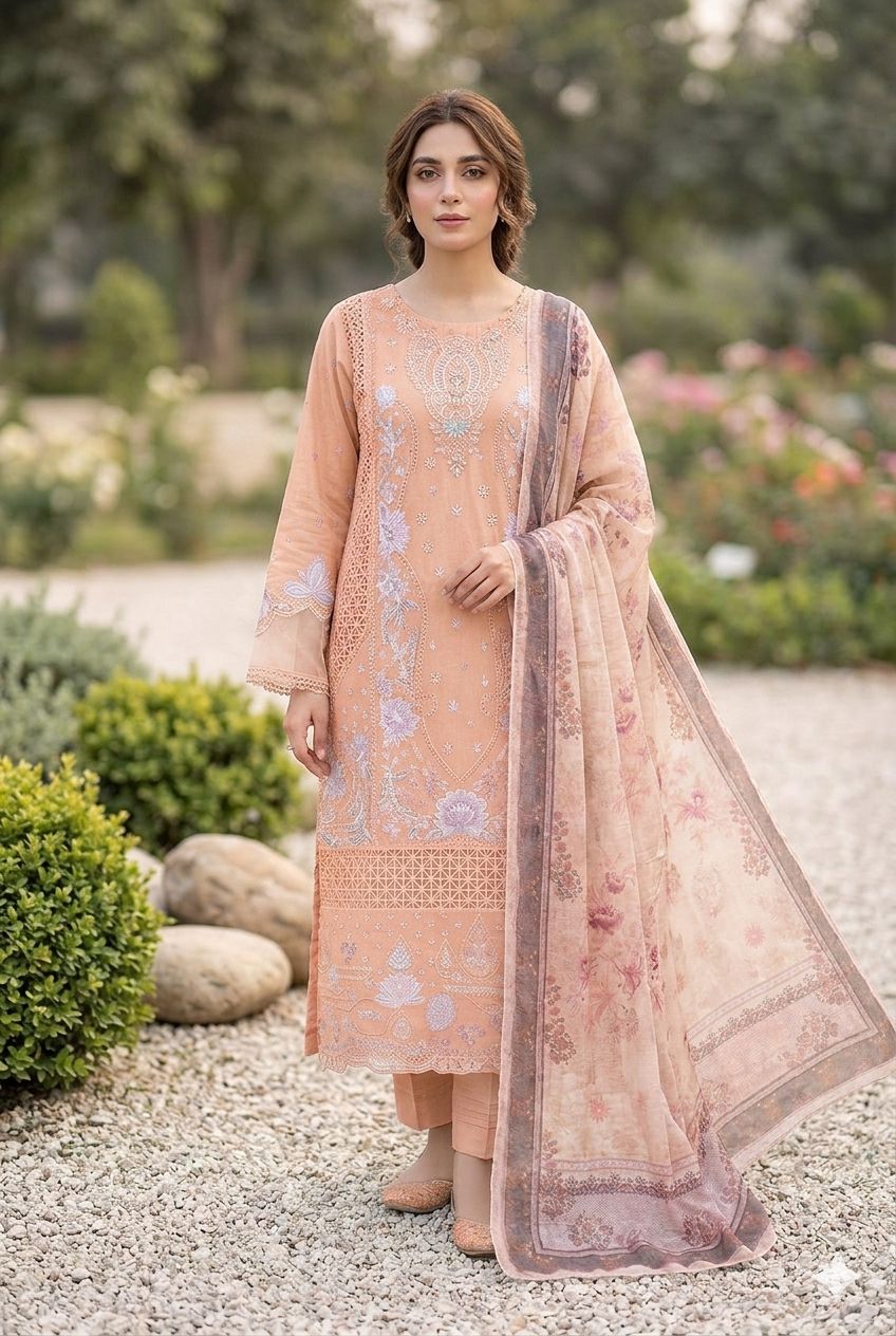 Agha Noor Inspired Peach Embroidered Cotton Lawn Suit – Stitched 3pc-RW3-131