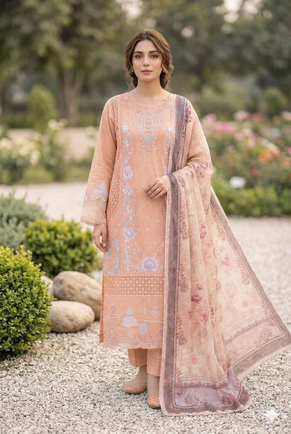 Agha Noor Inspired Peach Embroidered Cotton Lawn Suit – Stitched 3pc-RW3-131