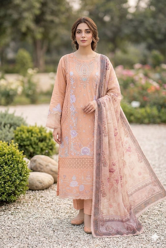 Agha Noor Inspired Peach Embroidered Cotton Lawn Suit – Stitched 3pc-RW3-131