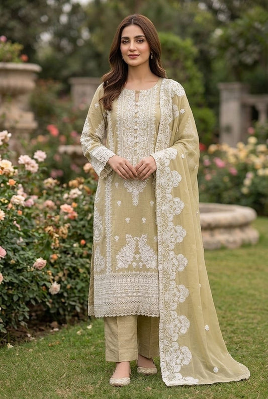 Agha Noor Inspired Olive Green Embroidered Cotton Lawn Suit – Stitched 3pc-RW3-128