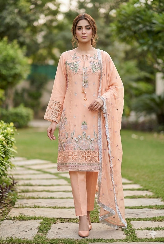 Agha Noor Inspired Peach Embroidered Chiffon Suit – Stitched 3pc-RW3-135