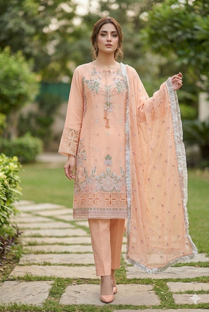 Agha Noor Inspired Peach Embroidered Chiffon Suit – Stitched 3pc-RW3-135