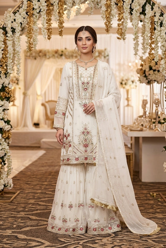 Agha Noor Inspired White Embroidered Chiffon Gharara Suit – Stitched 3pc-RW3-173