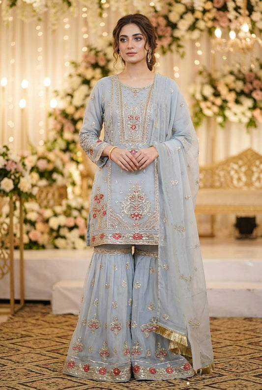 Agha Noor Inspired Blue Embroidered Chiffon Gharara Suit – Stitched 3pc-RW3-174
