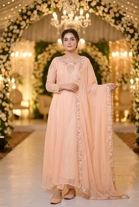 Embroidered Chiffon Peach Pink Maxi – Stitched 3pc-RW3-178